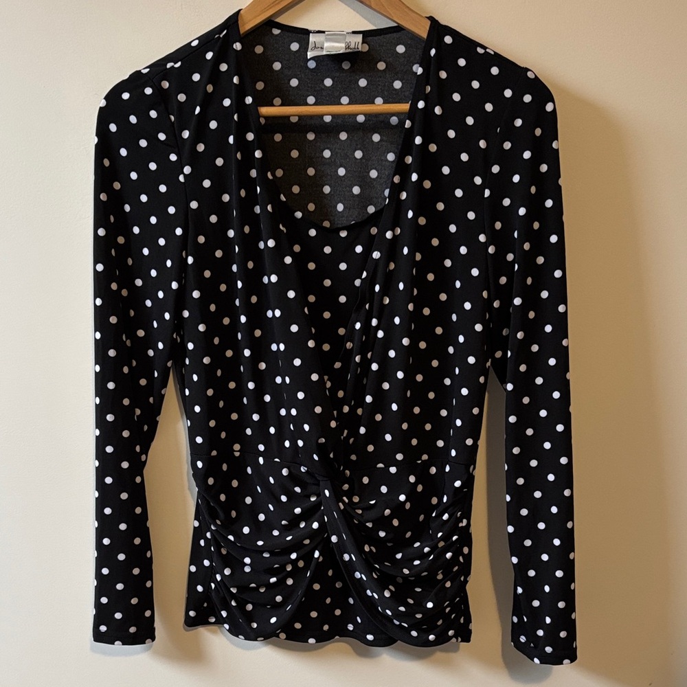 Joseph Ribkoff Black and White Polka Dot Twist-Front Long Sleeve Top